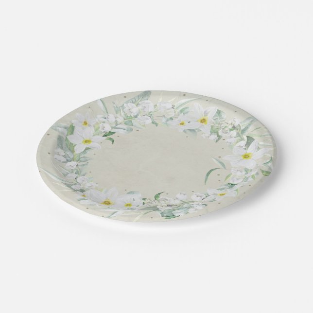 Assiettes En Carton Fleurs printanières en germe blanc (Angle)
