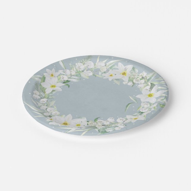 Assiettes En Carton Fleurs printanières en germe blanc (Angle)