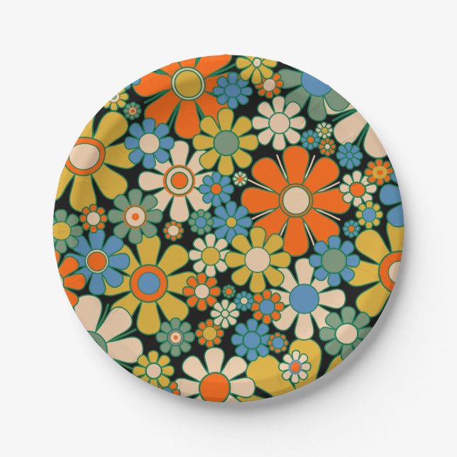 Assiettes En Carton Fleurs rétro 60s les années 70 motif floral (Devant)