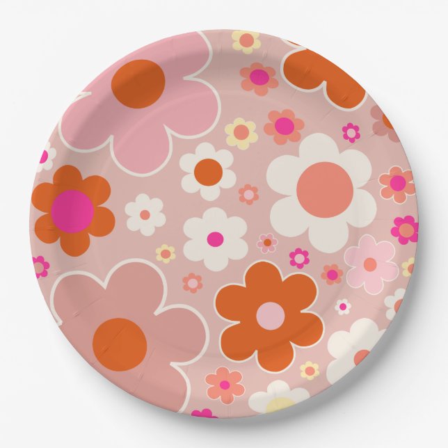 Assiettes En Carton Fleurs Rétro Peach Blush Rose Orange Floral (Devant)