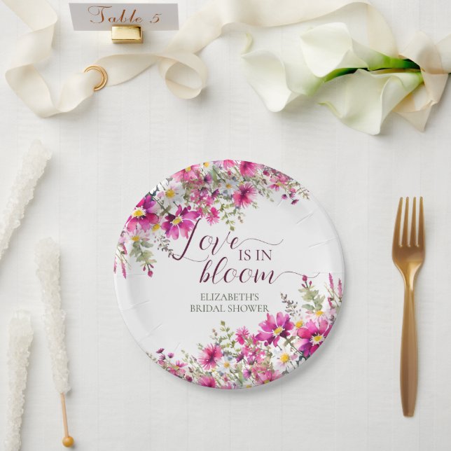 Assiettes En Carton Fleurs rose vif aquarelle L'amour est en fleur (Mariage)
