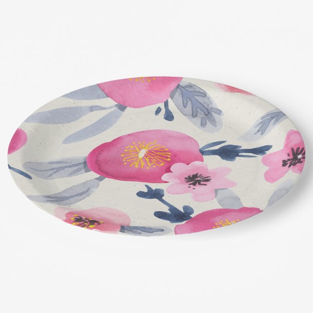 Assiettes En Carton Fleurs roses (Angle)