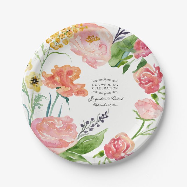 Assiettes En Carton Fleurs roses Aquarelle Peach Pink Wreath Mariage (Devant)