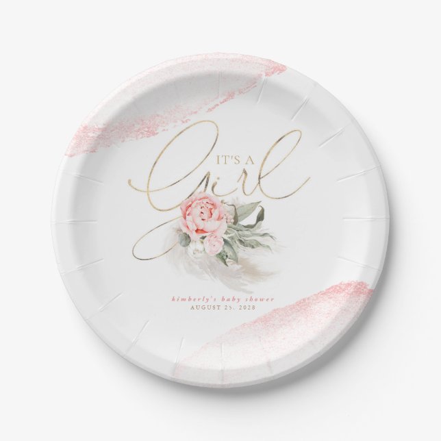 Assiettes En Carton Fleurs roses C'est une fille mignonne Baby shower (Devant)