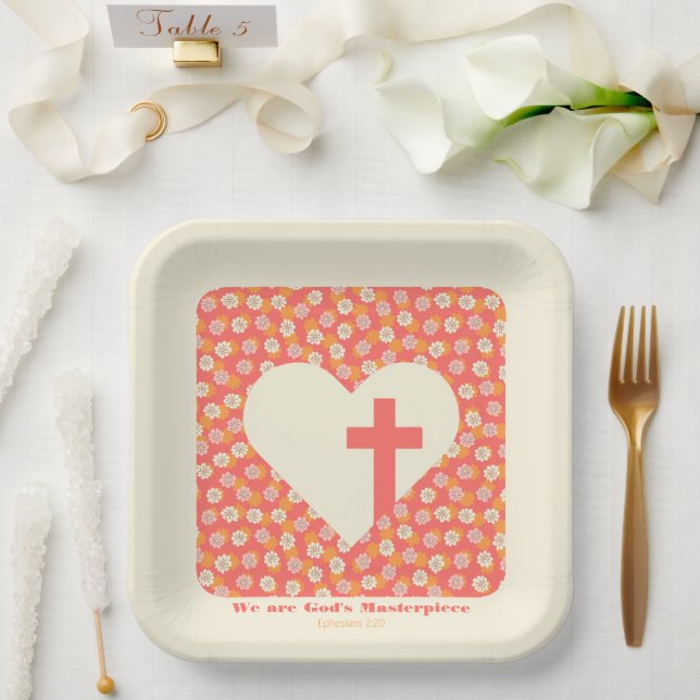 Assiettes En Carton Fleurs roses Coeur & Croix chrétienne Femmes (Mariage)