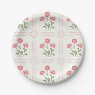 Assiettes En Carton Fleurs roses, corail et pavot vert