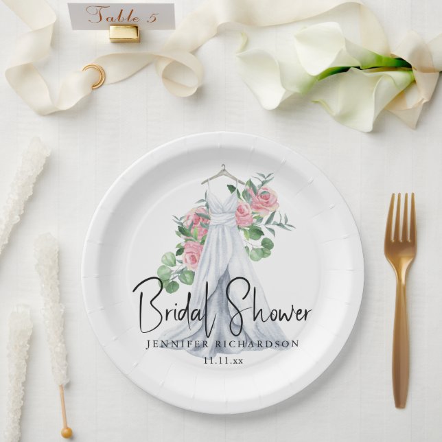 Assiettes En Carton Fleurs roses élégantes et verdure - douche nuptial (Mariage)