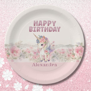 Assiettes En Carton Fleurs roses fille mignonne Unicorn Anniversaire