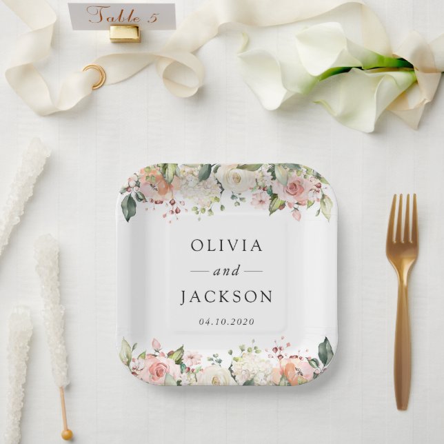 Assiettes En Carton Fleurs roses, Fleurs blanches, Verdure, Mariage (Mariage)