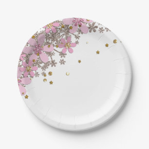 Assiettes En Carton Fleurs roses florales parties scintillant pois dor