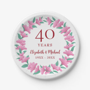 Assiettes En Carton Fleurs roses florales rubis 40e Anniversaire couro