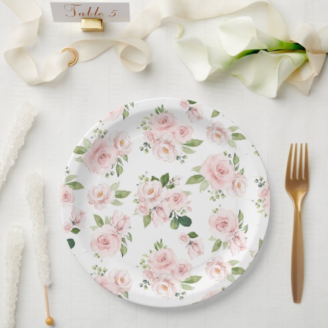 Assiettes En Carton Fleurs roses, Roses roses, Fleurs Aquarelles (Mariage)