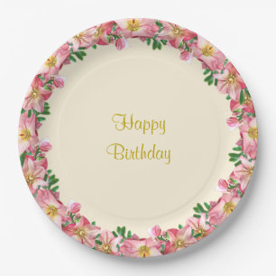 Assiettes En Carton Fleurs roses sur l'ivoire Joyeux anniversaire