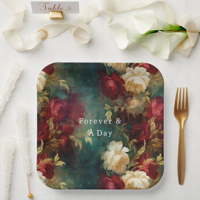 Assiettes En Carton Fleurs rouges blanches vertes (Mariage)