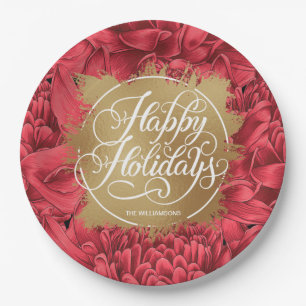 Assiettes En Carton Fleurs rouges Faux d'or Foil Joyeuses vacances