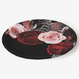 Assiettes En Carton Fleurs rouges foncées et roses verdure florale mar