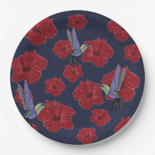 Assiettes En Carton Fleurs rouges Hawaï des colibris