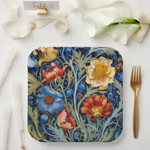 Assiettes En Carton Fleurs rouges jaunes bleues William Morris Style