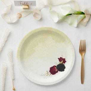 Assiettes En Carton fleurs rouges noires or feuille mariage
