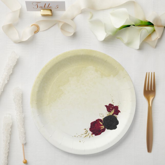 Assiettes En Carton fleurs rouges noires or feuille mariage (Mariage)