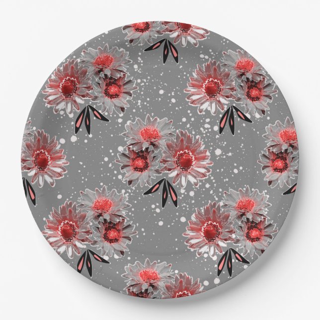 Assiettes En Carton Fleurs rouges sur gris (Devant)