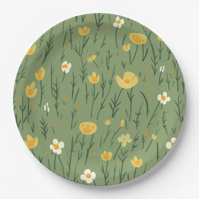 Assiettes En Carton Fleurs sauvages D'Été Sur Le Vert (Devant)