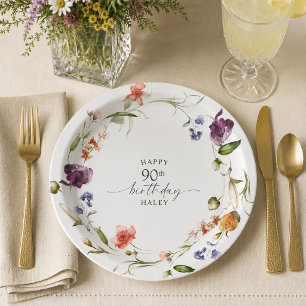 Assiettes En Carton Fleurs sauvages féminines pour 90e anniversaire fl