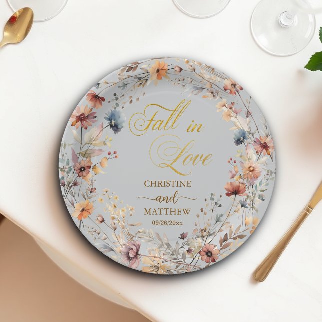 Assiettes En Carton Fleurs sauvages Or 'Tombez amoureux' Élégant Maria (Créateur téléchargé)