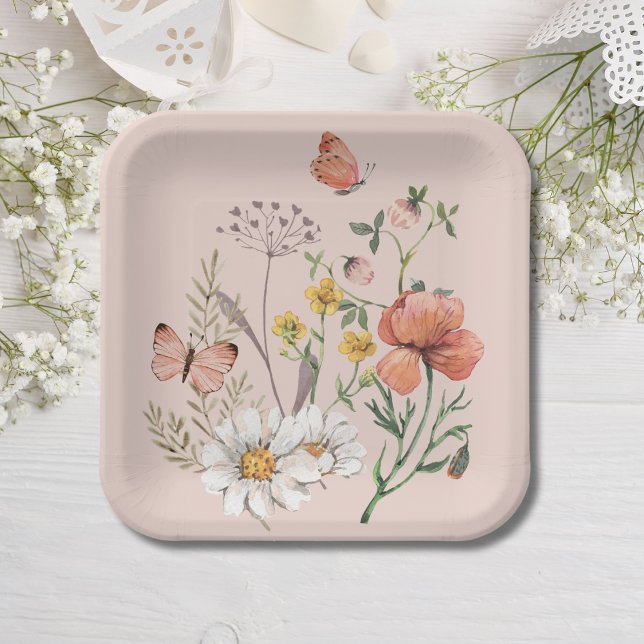 Assiettes En Carton Fleurs sauvages roses pêche carminé carré (Créateur téléchargé)