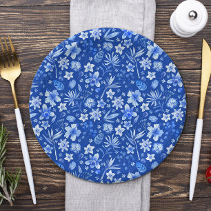 Assiettes En Carton Fleurs tropicales Bleues de Cobalt et Motif Feuill