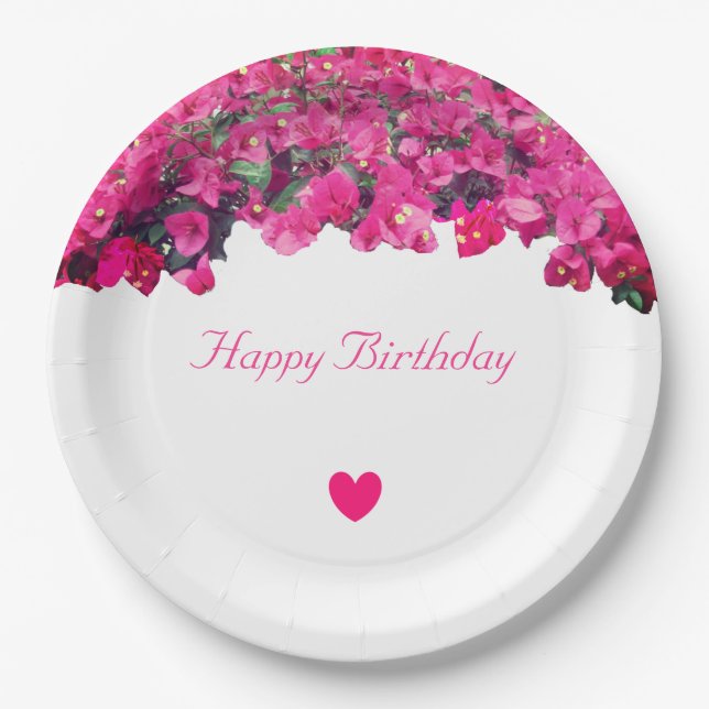 Assiettes En Carton Fleurs tropicales et coeur Anniversaire (Devant)