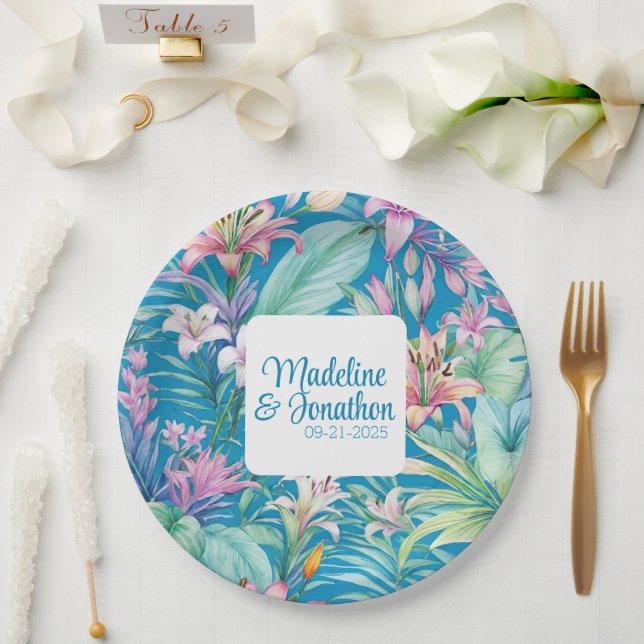 Assiettes En Carton Fleurs tropicales et verdure Mariage de plage simp (Mariage)