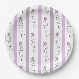 Assiettes En Carton Fleurs vintage motif rayé blanc beige rose 