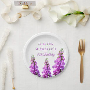 Assiettes En Carton Fleurs violettes d'anniversaire blanc élégant