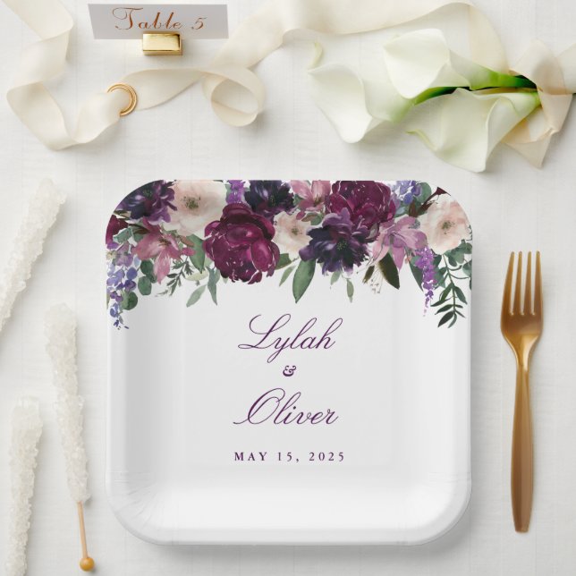 Assiettes En Carton Fleurs violettes luxuriantes | Mariage romantique (Mariage)