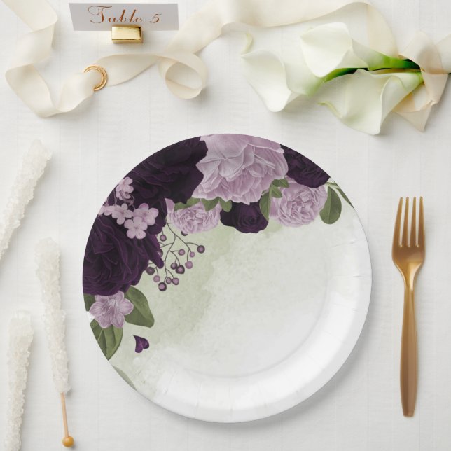 Assiettes En Carton Fleurs violettes profondes et légères verdure (Mariage)