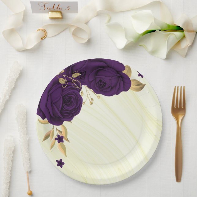 Assiettes En Carton fleurs violettes royales or marbre feuille (Mariage)
