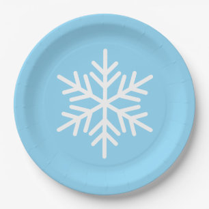 Assiettes En Carton Flocon de neige alpin blanc festif sur fond bleu c