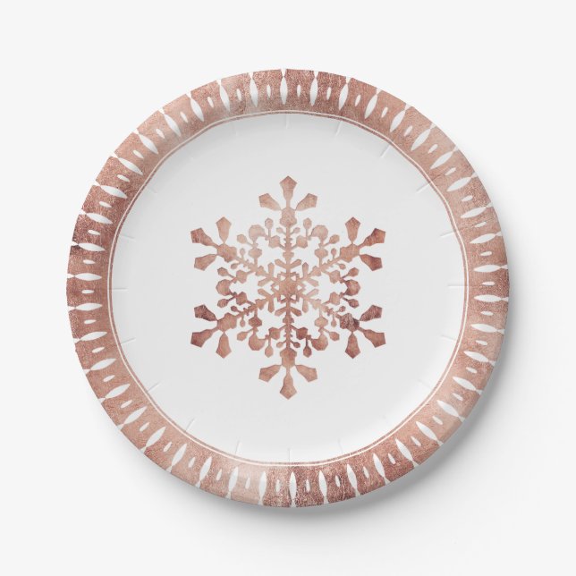 Assiettes En Carton Flocon de neige artificiel faux or rose Noël (Devant)