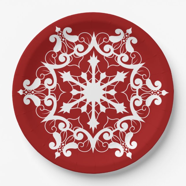 Assiettes En Carton Flocon De Neige Blanc Sur Crimson Rouge (Devant)