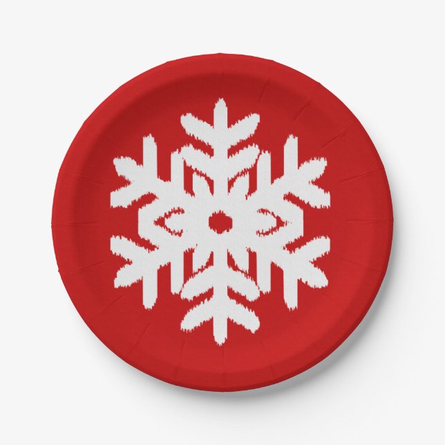 Assiettes En Carton Flocon de neige Ikat - rouge foncé et blanc (Devant)