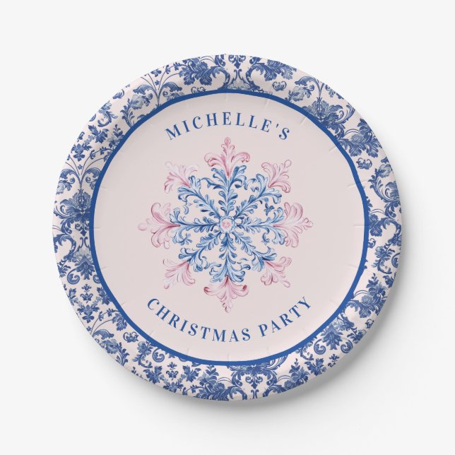 Assiettes En Carton Flocon de neige rose et bleu avec bordure en Damas (Devant)