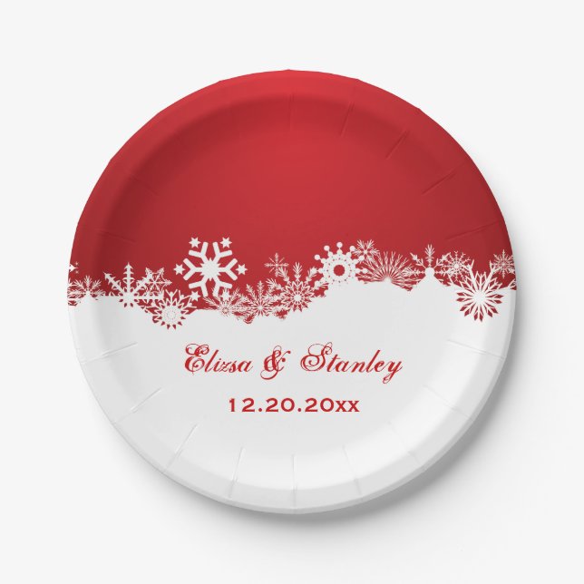 Assiettes En Carton Flocon de neige rouge blanc hiver mariage moderne (Devant)