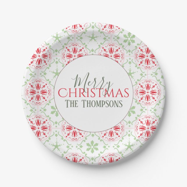 Assiettes En Carton Flocon de neige rouge et vert de Noël (Devant)