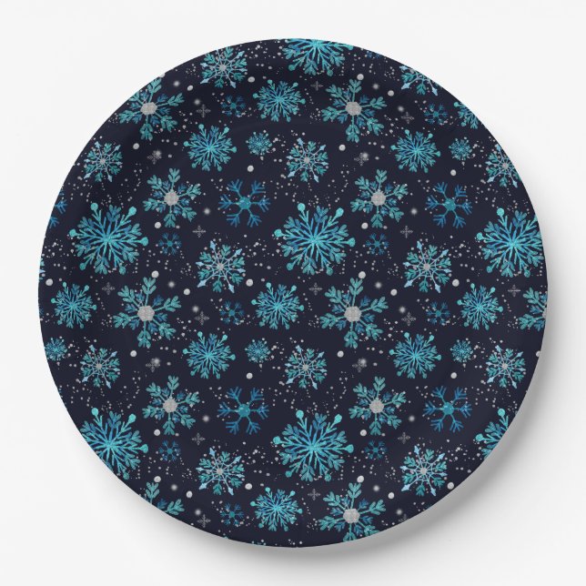 Assiettes En Carton Flocons de neige bleus et argentés d'hiver (Devant)