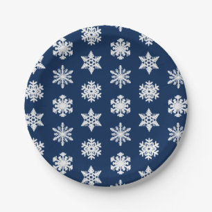 Assiettes En Carton Flocons de neige d'Ikat - blancs et bleu marine