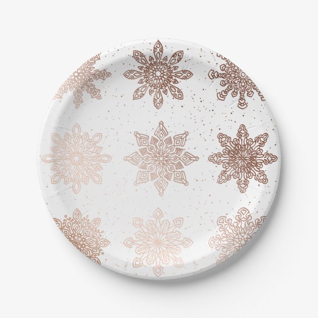 Assiettes En Carton Flocons de neige roses modernes élégants d'or de (Devant)