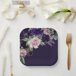 Assiettes En Carton Floraison Floral de violet foncé et rose