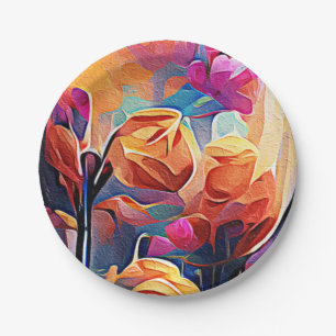 Assiettes En Carton Floral Abstract Art Orange Red Blue Flowers