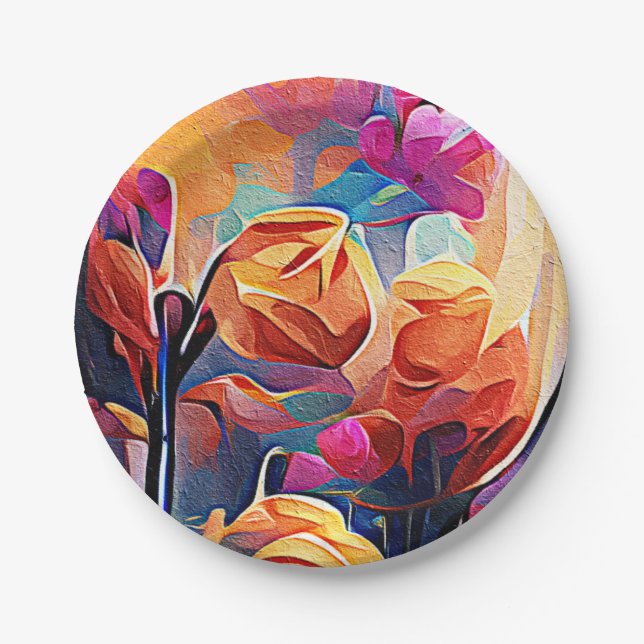 Assiettes En Carton Floral Abstract Art Orange Red Blue Flowers (Devant)